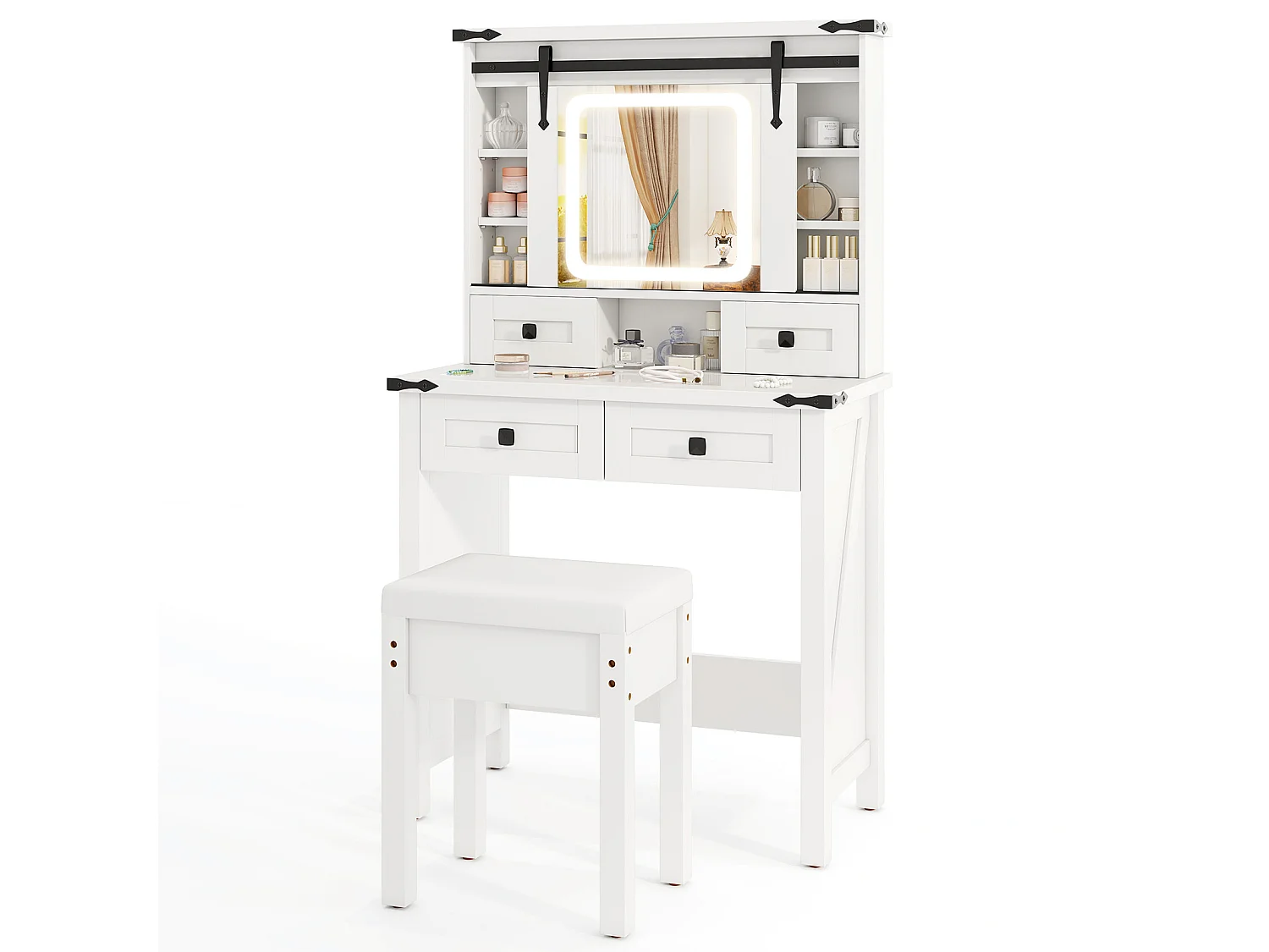 Make-uptafel met ledverlichting, 3 kleuren met instelbare helderheid, kaptafel met kruk, 4 laden en verstelbare legvlakken, kaptafel met schuifspiegel, witTG32140