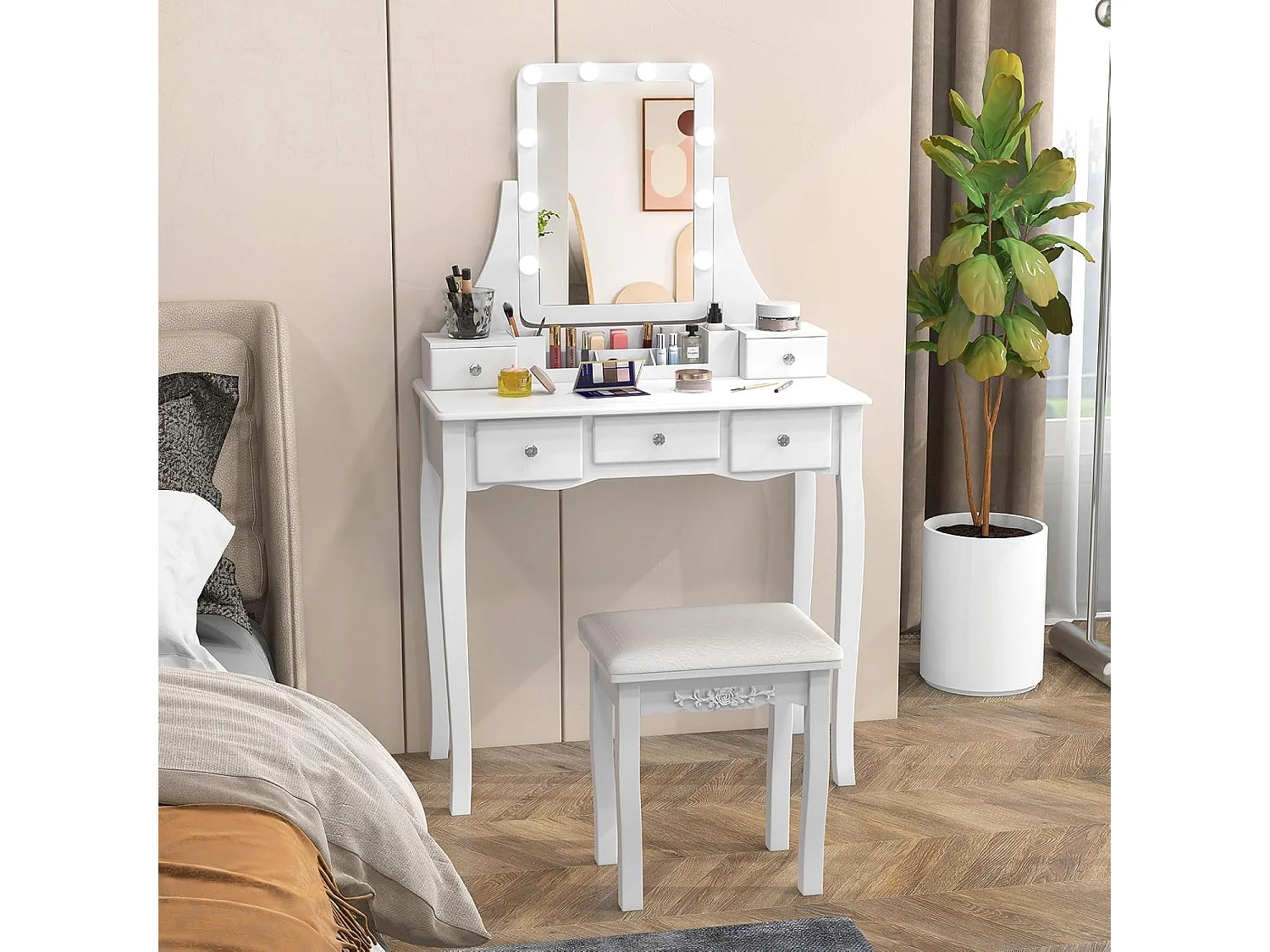 Make-uptafel met ledverlichting, instelbare helderheid, kaptafel met 5 laden, kruk en 360° draaibare spiegel, make-uptafel voor slaapkamer (wit)TG32764