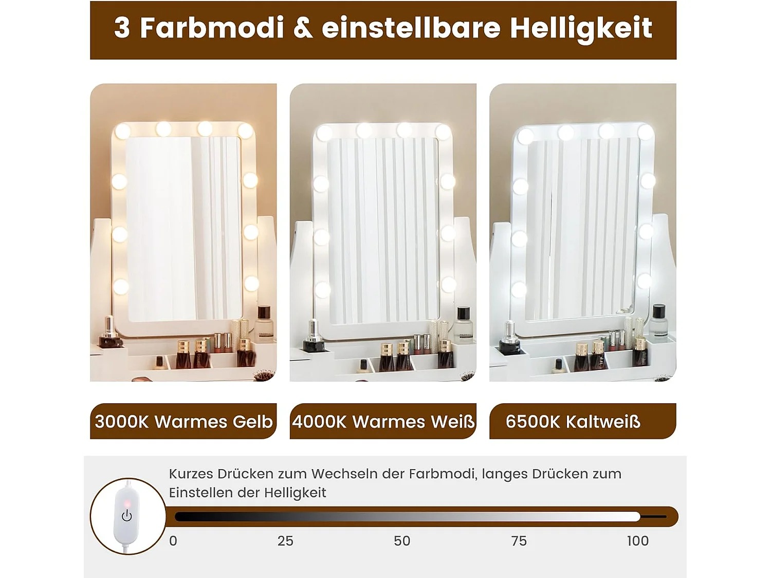 Make-uptafel met ledverlichting, instelbare helderheid, kaptafel met 5 laden, kruk en 360° draaibare spiegel, make-uptafel voor slaapkamer (wit)TG32764