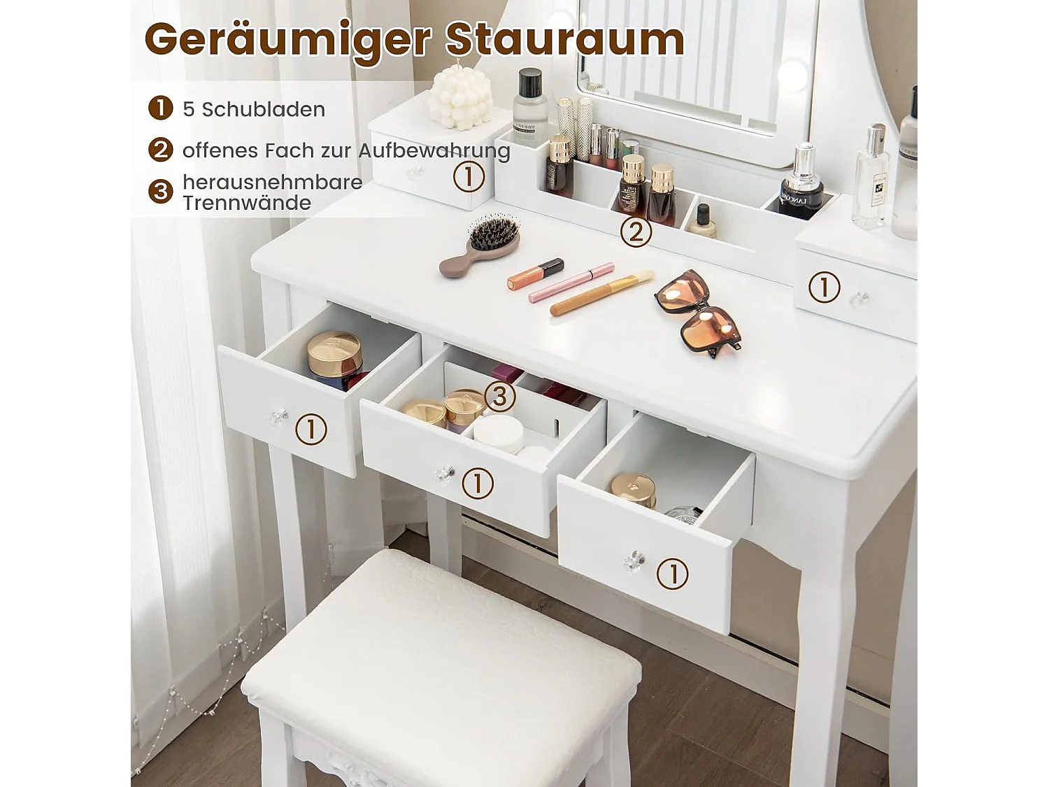 Make-uptafel met ledverlichting, instelbare helderheid, kaptafel met 5 laden, kruk en 360° draaibare spiegel, make-uptafel voor slaapkamer (wit)TG32764