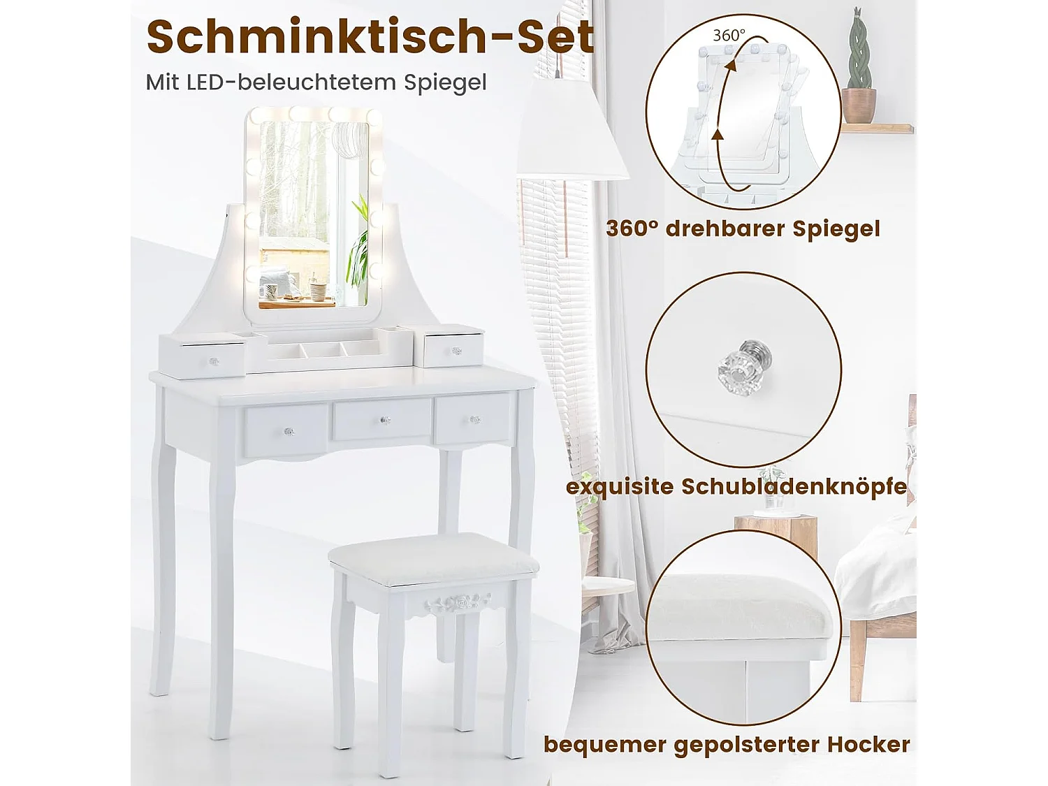 Make-uptafel met ledverlichting, instelbare helderheid, kaptafel met 5 laden, kruk en 360° draaibare spiegel, make-uptafel voor slaapkamer (wit)TG32764