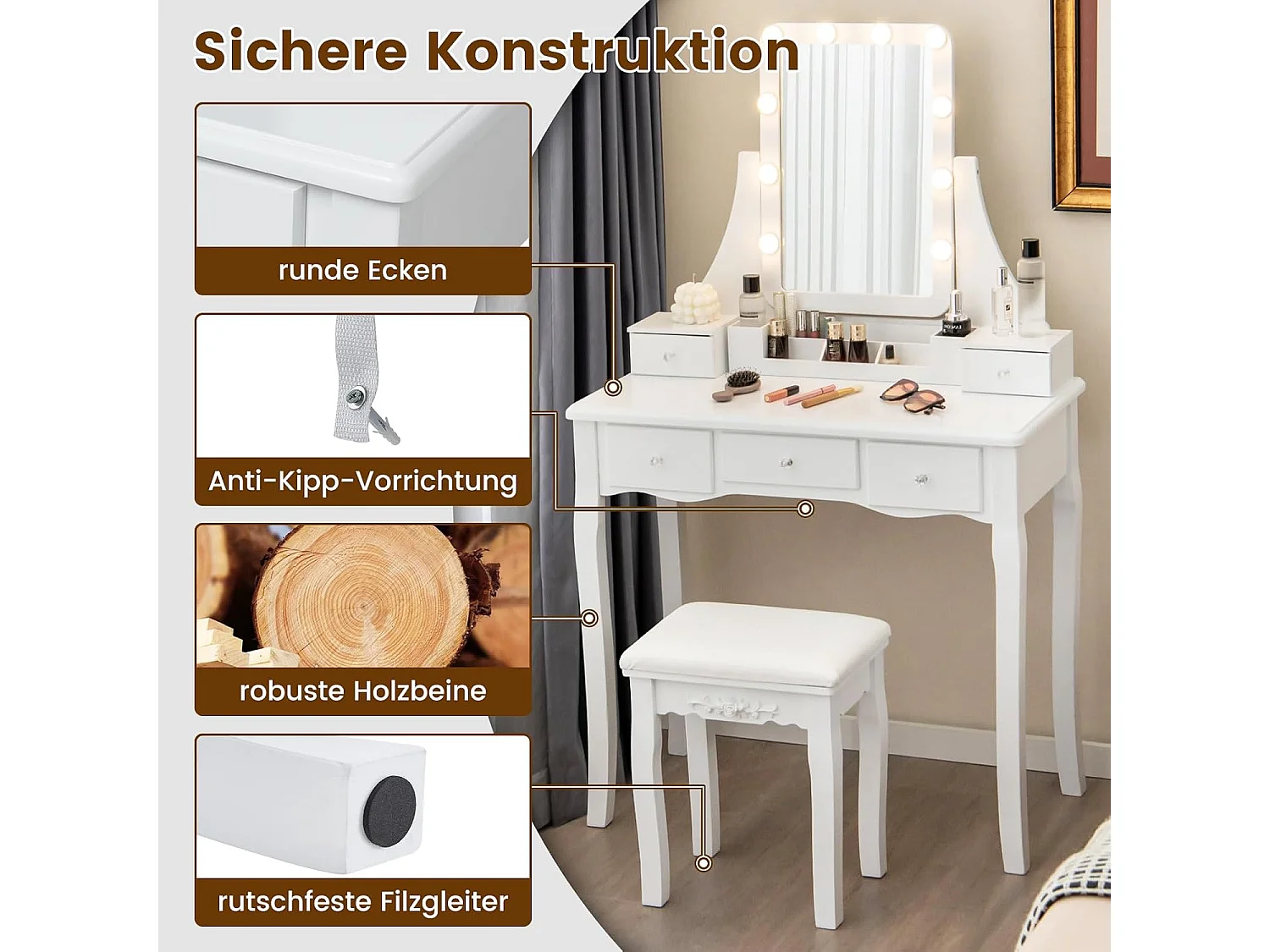 Make-uptafel met ledverlichting, instelbare helderheid, kaptafel met 5 laden, kruk en 360° draaibare spiegel, make-uptafel voor slaapkamer (wit)TG32764