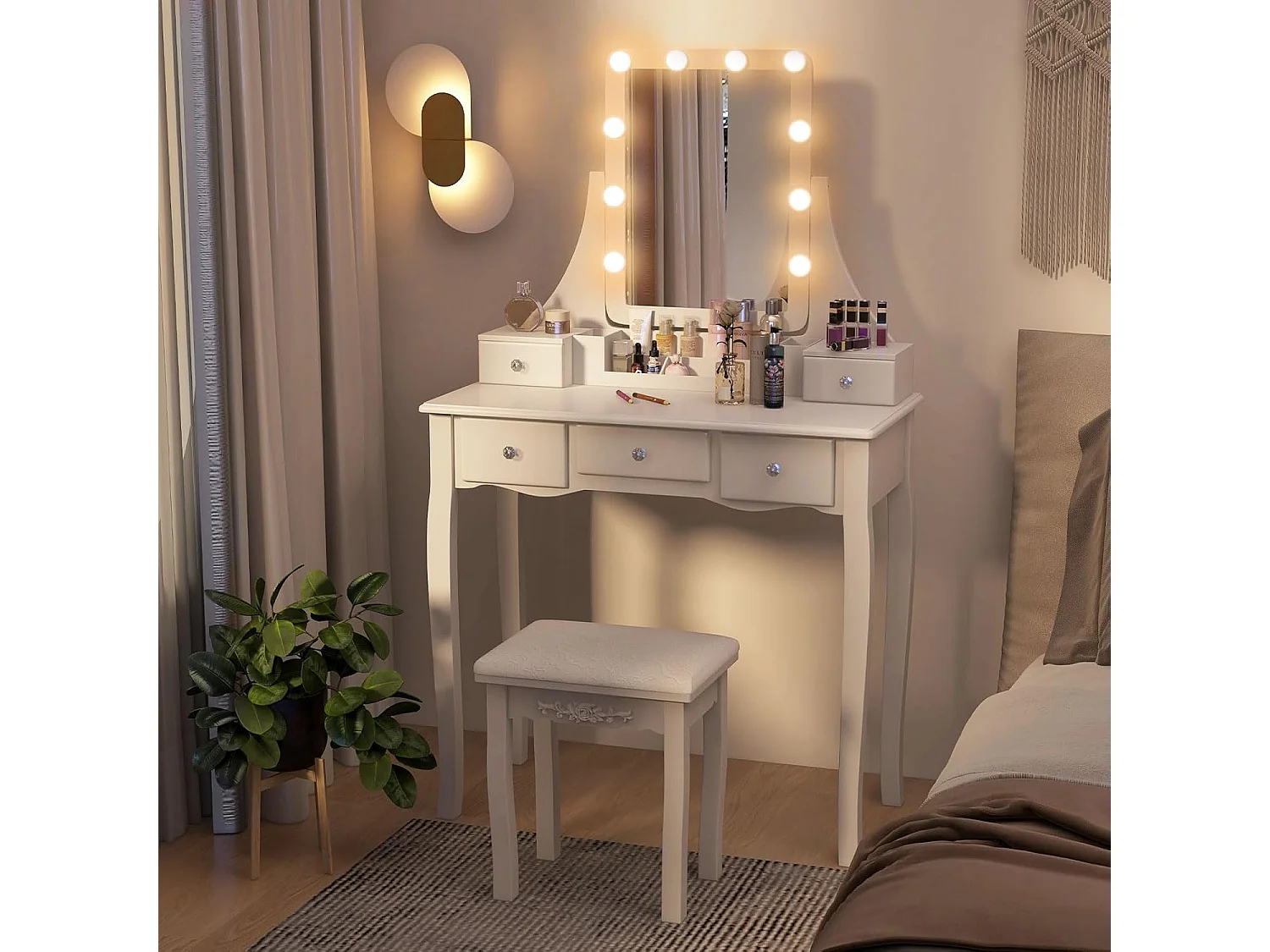Make-uptafel met ledverlichting, instelbare helderheid, kaptafel met 5 laden, kruk en 360° draaibare spiegel, make-uptafel voor slaapkamer (wit)TG32764