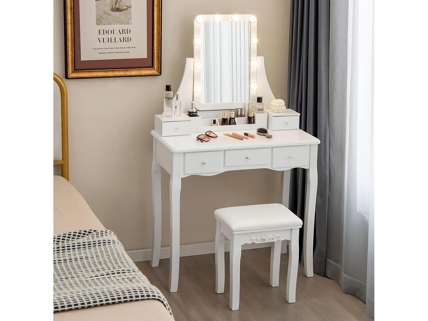 Make-uptafel met ledverlichting, instelbare helderheid, kaptafel met 5 laden, kruk en 360° draaibare spiegel, make-uptafel voor slaapkamer (wit)TG32764