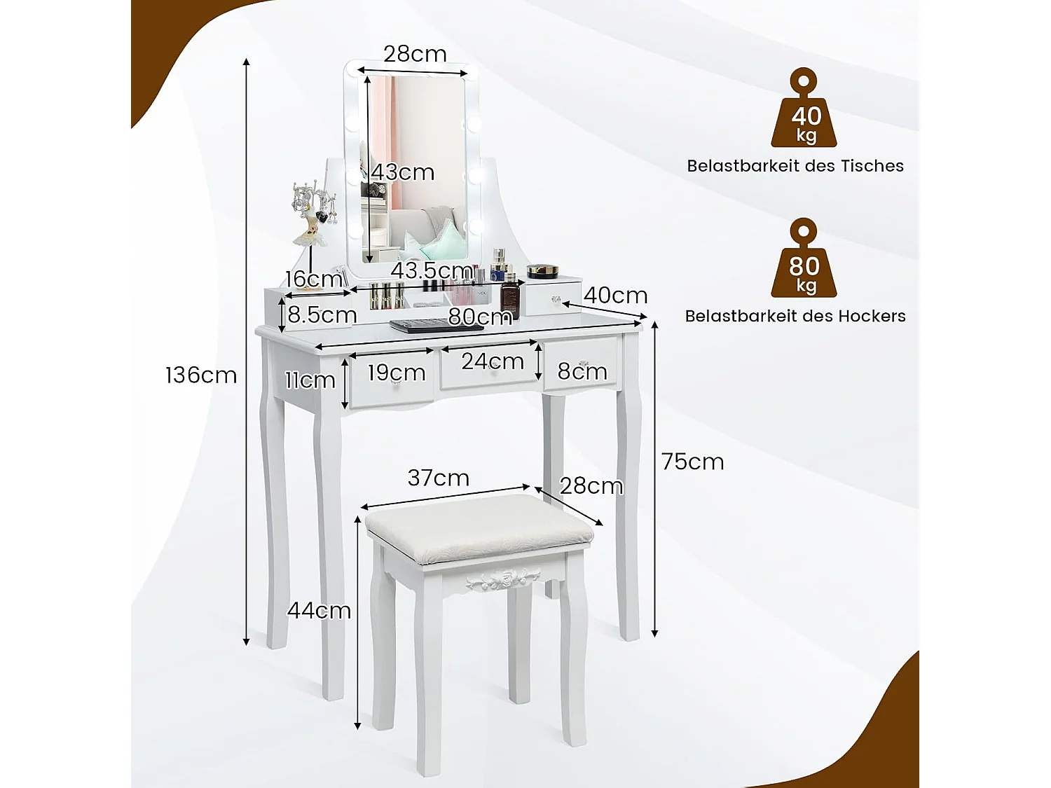 Make-uptafel met ledverlichting, instelbare helderheid, kaptafel met 5 laden, kruk en 360° draaibare spiegel, make-uptafel voor slaapkamer (wit)TG32764
