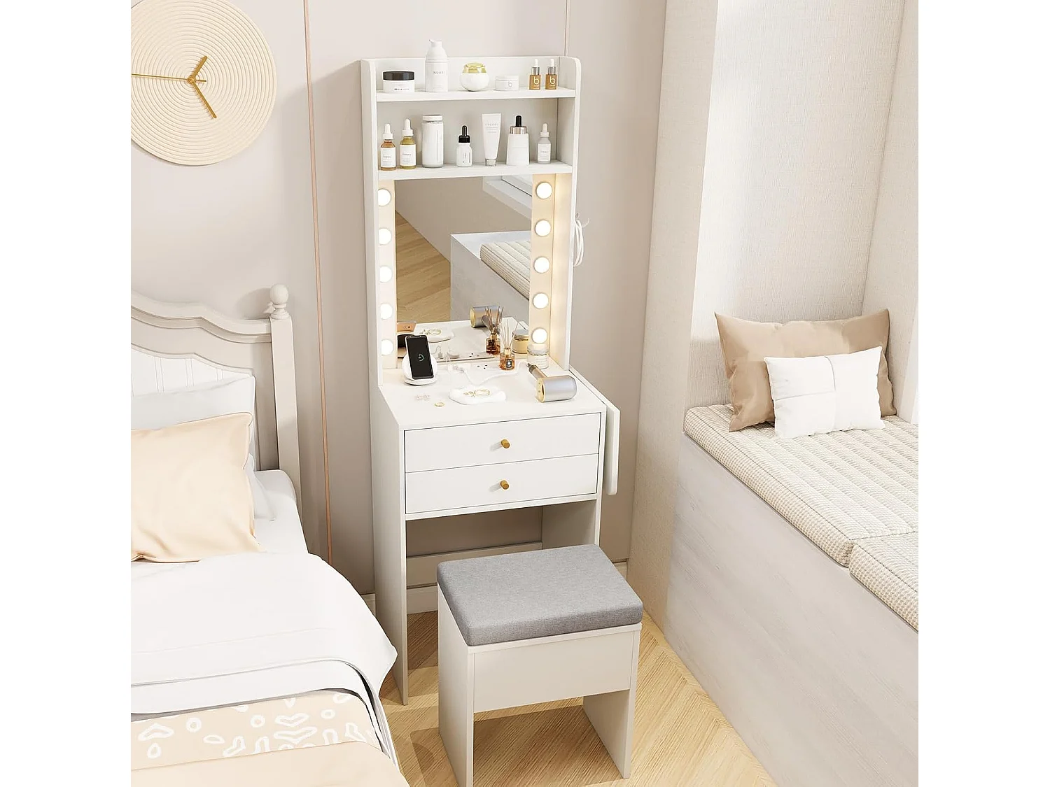 Make-uptafel met verlichting, kaptafel met laadstation, spiegel,planken en inklapbaar tafelblad, kruk met opbergruimte, make-uptafel voor kleine ruimtesTG32037