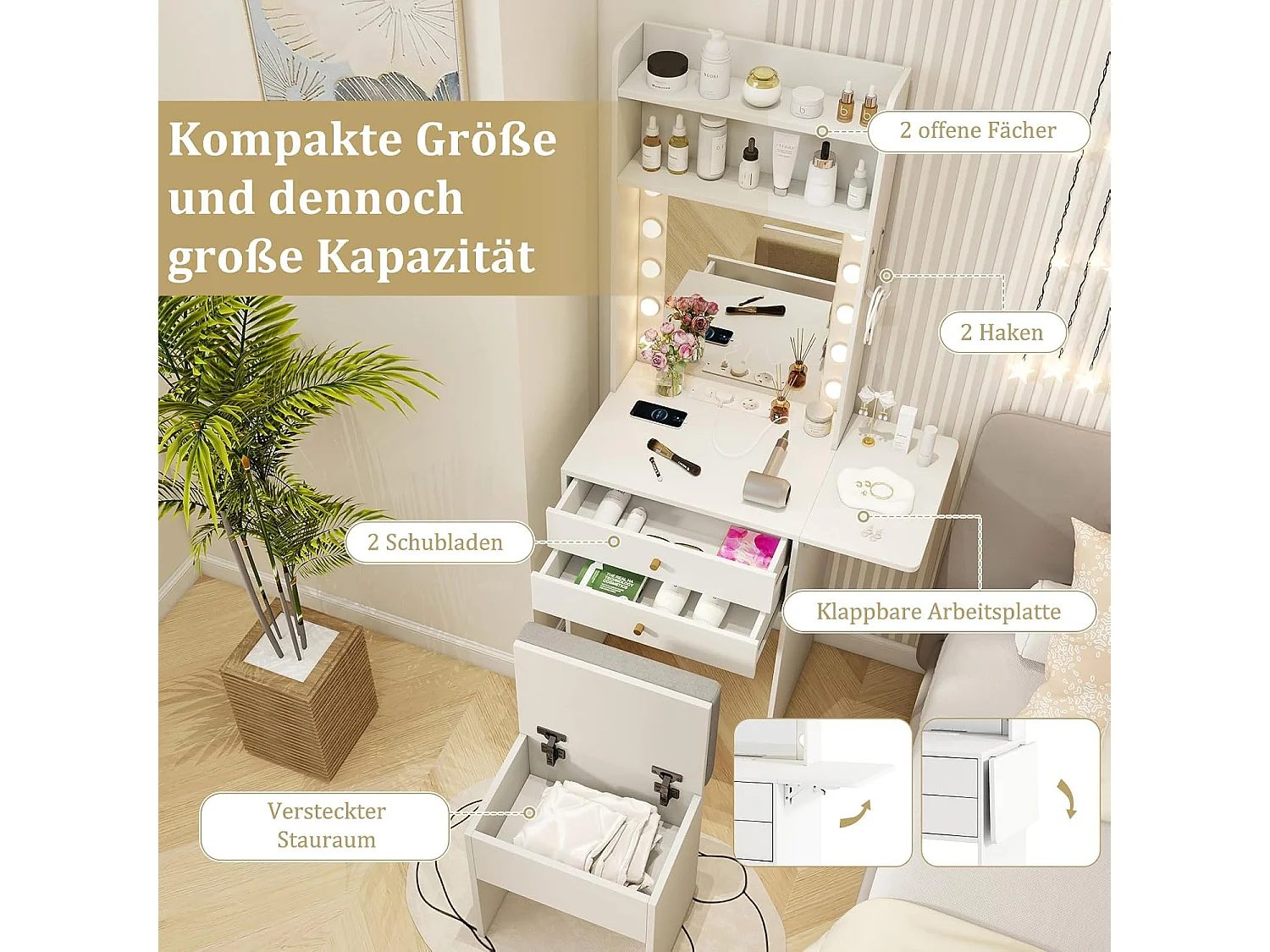 Make-uptafel met verlichting, kaptafel met laadstation, spiegel,planken en inklapbaar tafelblad, kruk met opbergruimte, make-uptafel voor kleine ruimtesTG32037