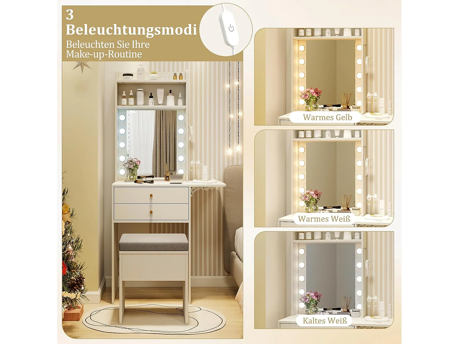 Make-uptafel met verlichting, kaptafel met laadstation, spiegel,planken en inklapbaar tafelblad, kruk met opbergruimte, make-uptafel voor kleine ruimtesTG32037