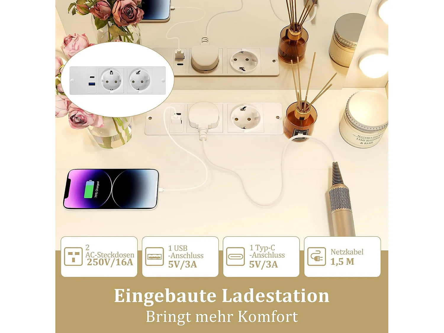 Make-uptafel met verlichting, kaptafel met laadstation, spiegel,planken en inklapbaar tafelblad, kruk met opbergruimte, make-uptafel voor kleine ruimtesTG32037