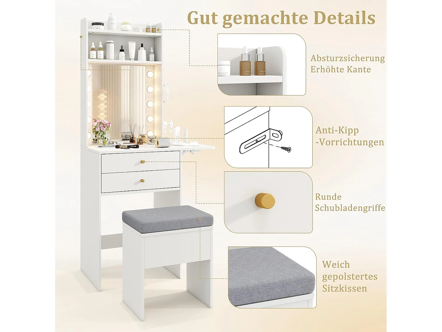 Make-uptafel met verlichting, kaptafel met laadstation, spiegel,planken en inklapbaar tafelblad, kruk met opbergruimte, make-uptafel voor kleine ruimtesTG32037