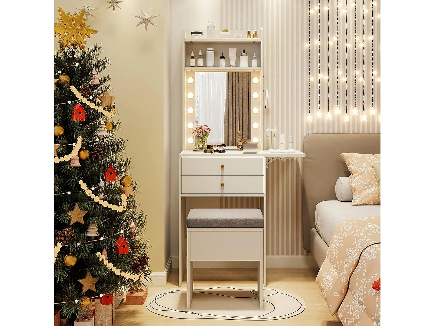 Make-uptafel met verlichting, kaptafel met laadstation, spiegel,planken en inklapbaar tafelblad, kruk met opbergruimte, make-uptafel voor kleine ruimtesTG32037