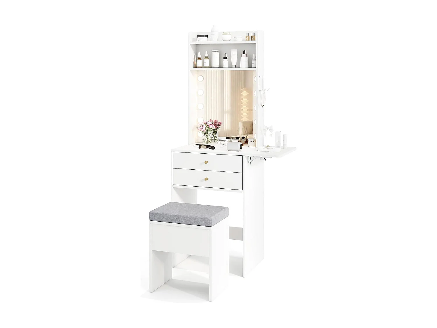 Make-uptafel met verlichting, kaptafel met laadstation, spiegel,planken en inklapbaar tafelblad, kruk met opbergruimte, make-uptafel voor kleine ruimtesTG32037