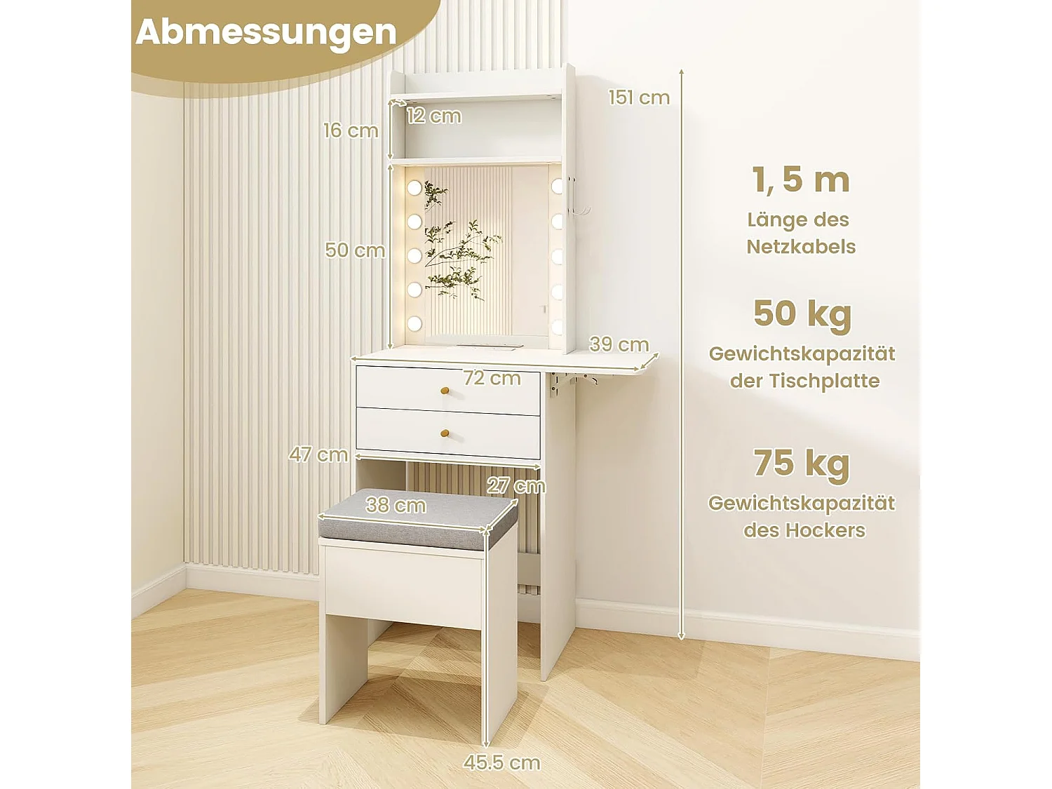 Make-uptafel met verlichting, kaptafel met laadstation, spiegel,planken en inklapbaar tafelblad, kruk met opbergruimte, make-uptafel voor kleine ruimtesTG32037