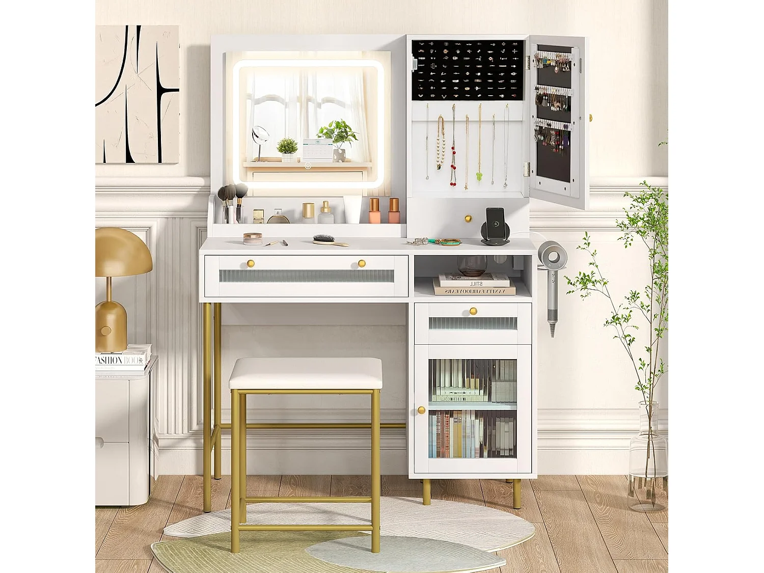 Make-uptafel met ledverlichting, kaptafel met laadstation, sieradenkast, kruk, spiegel, 3 laden, kast & haardrogerhouder, cosmeticatafel, witTG32075