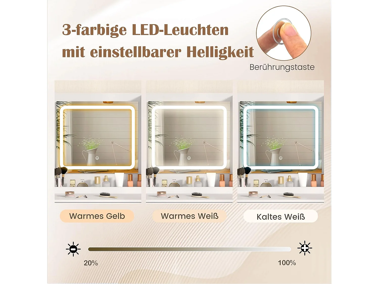 Make-uptafel met ledverlichting, kaptafel met laadstation, sieradenkast, kruk, spiegel, 3 laden, kast & haardrogerhouder, cosmeticatafel, witTG32075