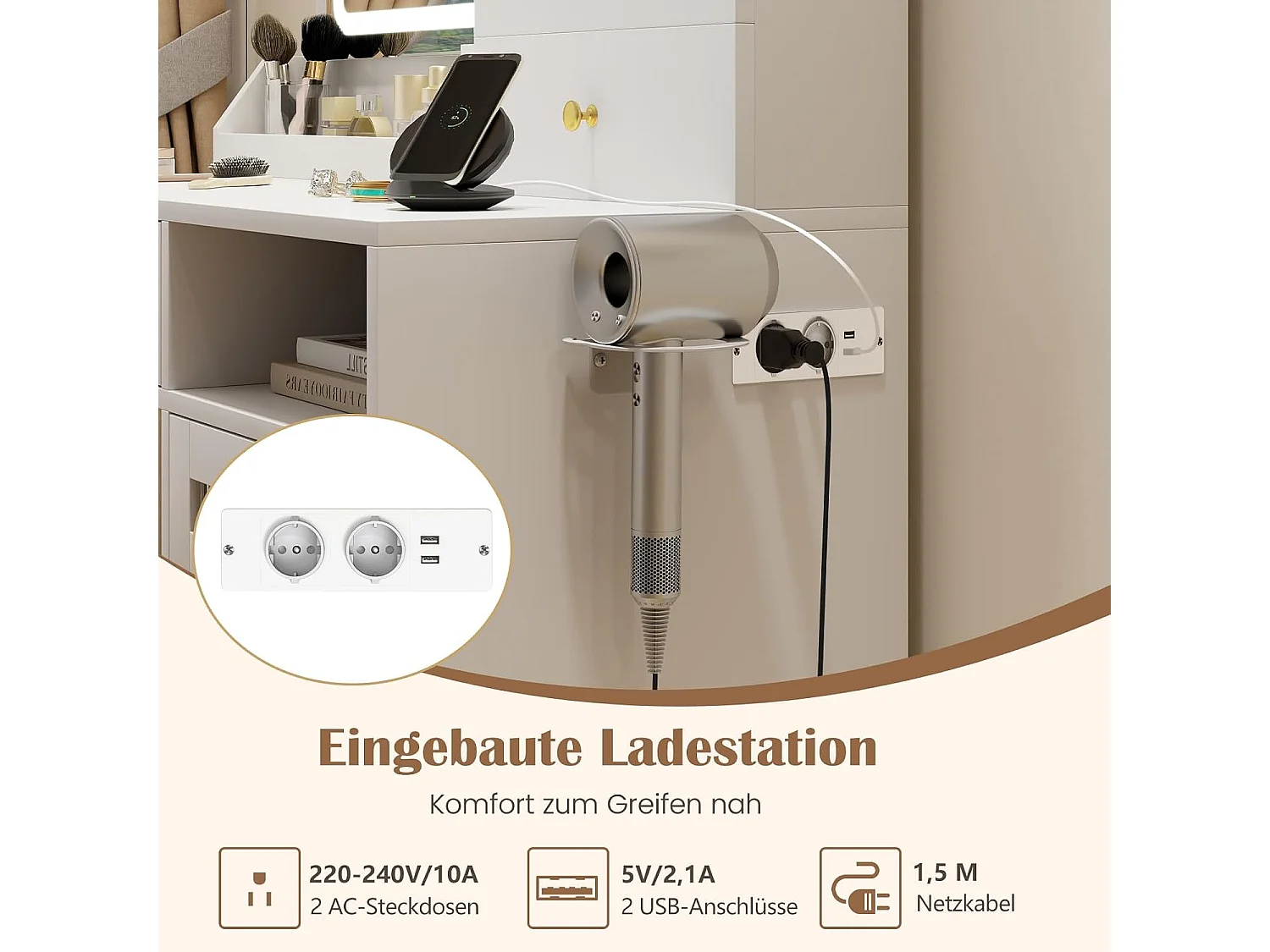 Make-uptafel met ledverlichting, kaptafel met laadstation, sieradenkast, kruk, spiegel, 3 laden, kast & haardrogerhouder, cosmeticatafel, witTG32075