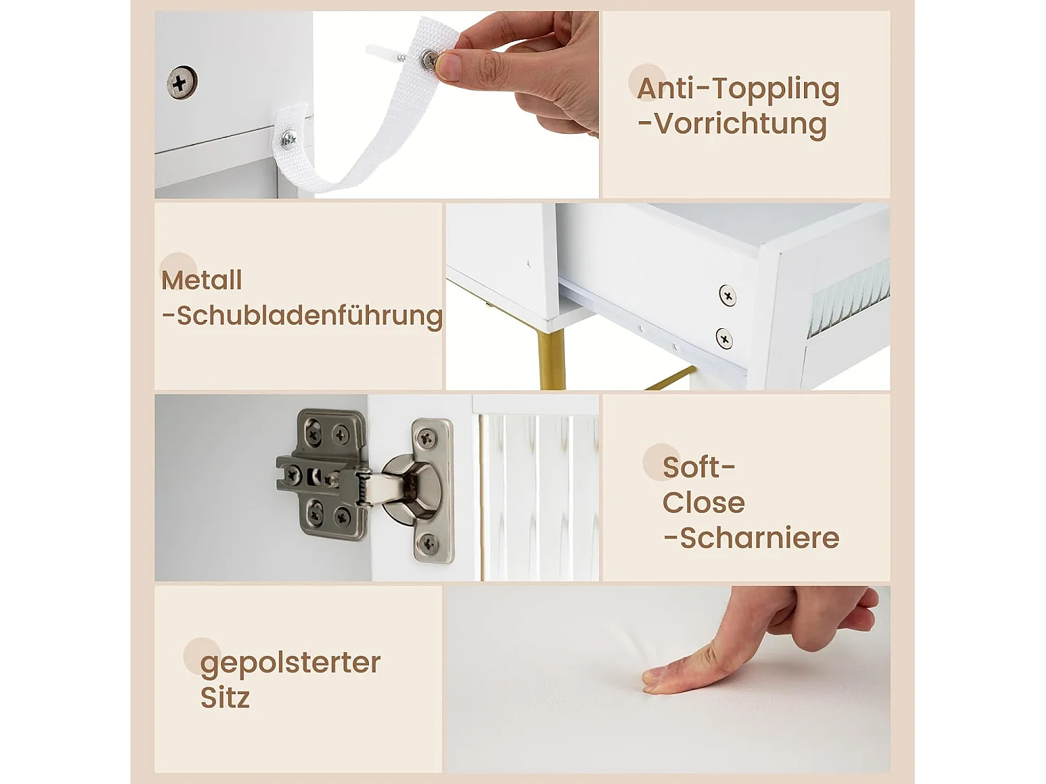 Make-uptafel met ledverlichting, kaptafel met laadstation, sieradenkast, kruk, spiegel, 3 laden, kast & haardrogerhouder, cosmeticatafel, witTG32075