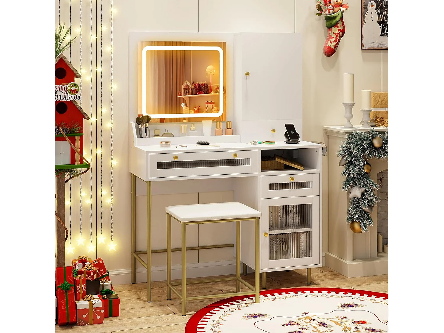 Make-uptafel met ledverlichting, kaptafel met laadstation, sieradenkast, kruk, spiegel, 3 laden, kast & haardrogerhouder, cosmeticatafel, witTG32075