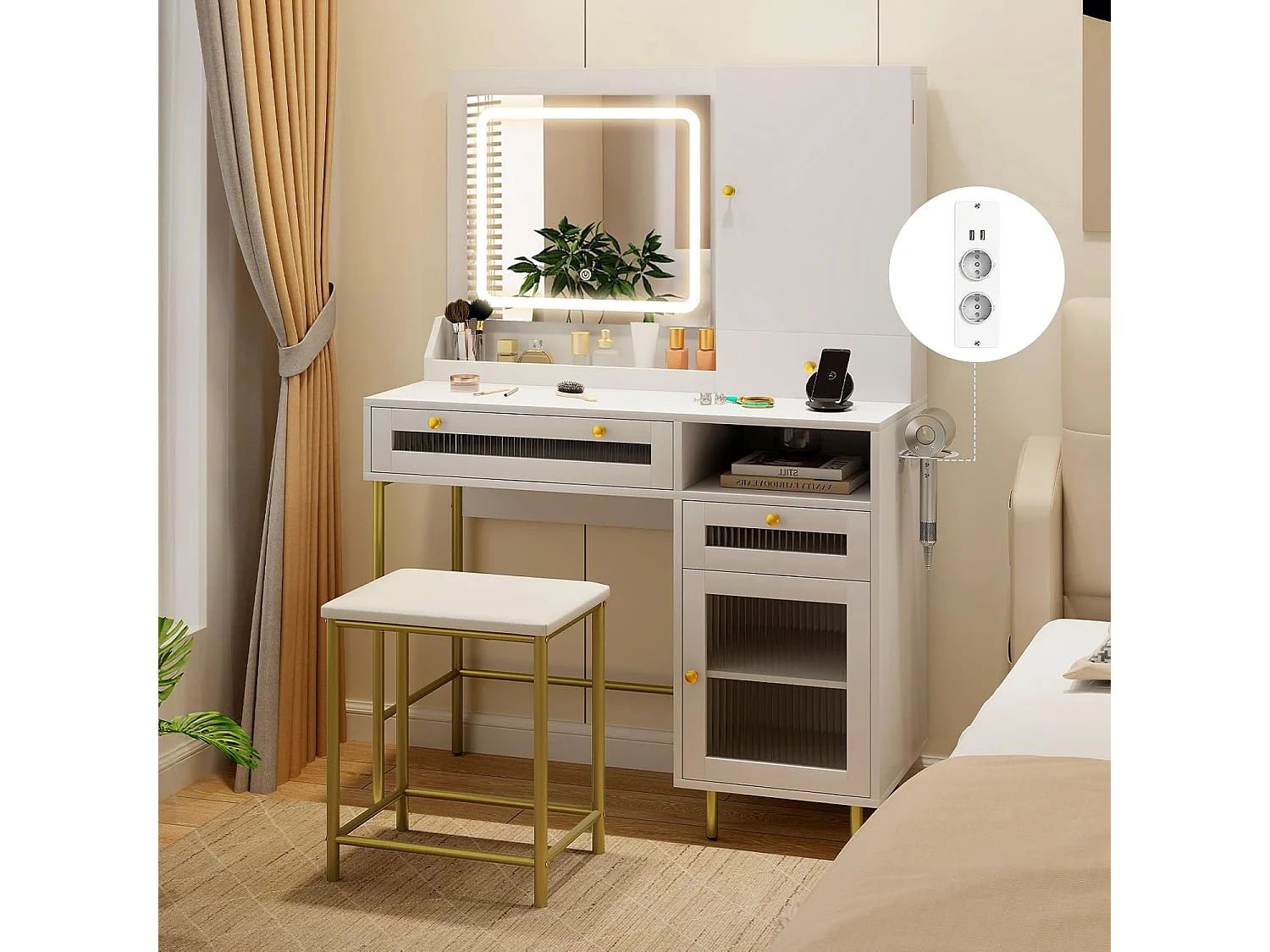 Make-uptafel met ledverlichting, kaptafel met laadstation, sieradenkast, kruk, spiegel, 3 laden, kast & haardrogerhouder, cosmeticatafel, witTG32075