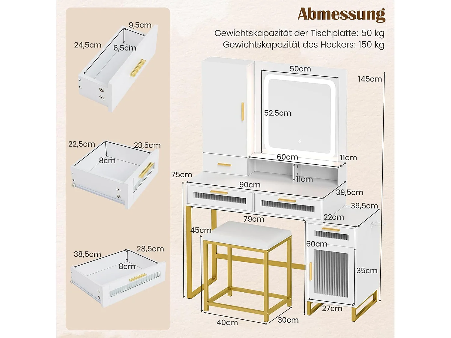 Make-uptafel met ledverlichting, kaptafel met laadstation, sieradenkast, kruk, spiegel, 3 laden, kast & haardrogerhouder, cosmeticatafel, witTG32075