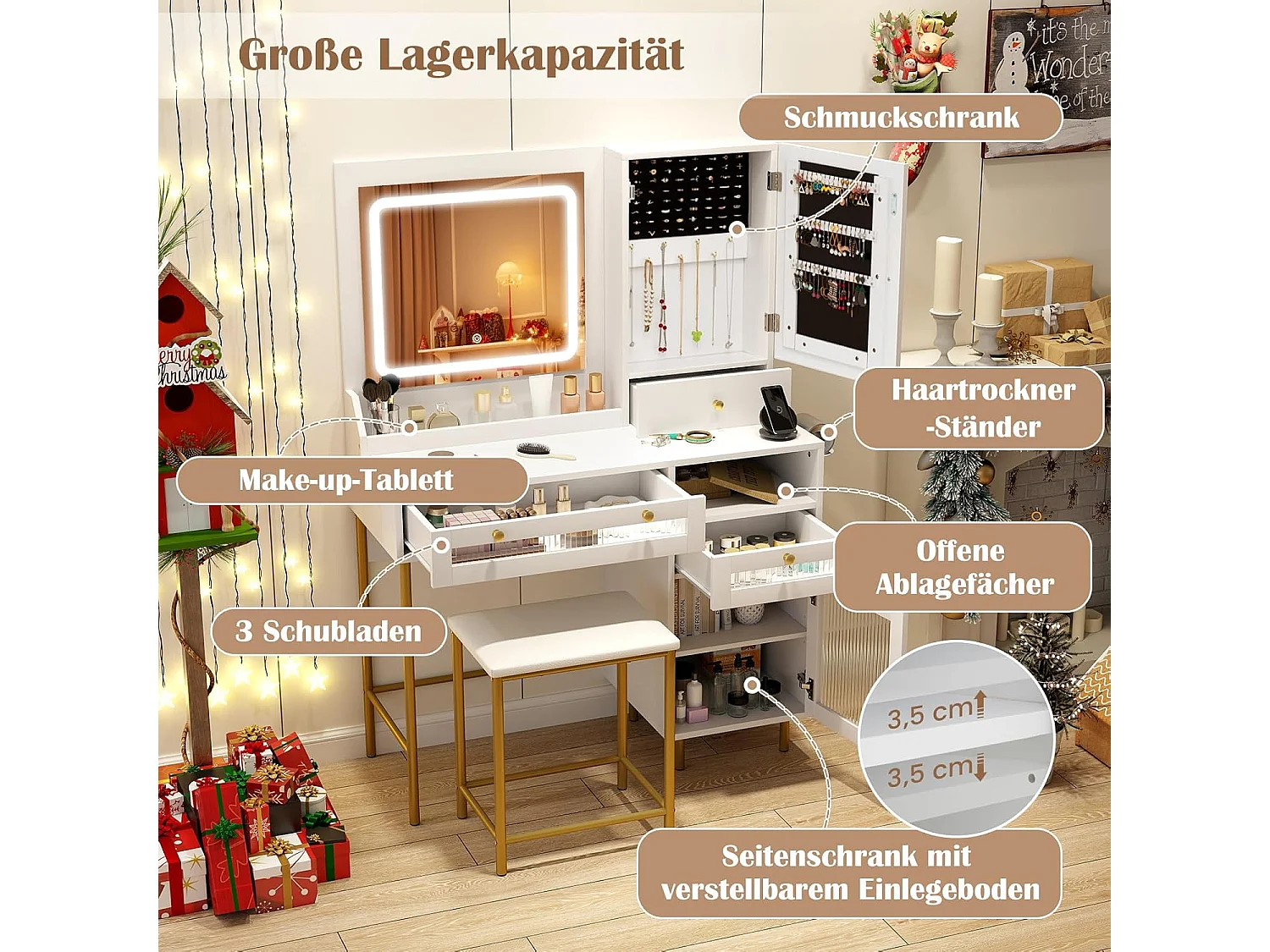 Make-uptafel met ledverlichting, kaptafel met laadstation, sieradenkast, kruk, spiegel, 3 laden, kast & haardrogerhouder, cosmeticatafel, witTG32075