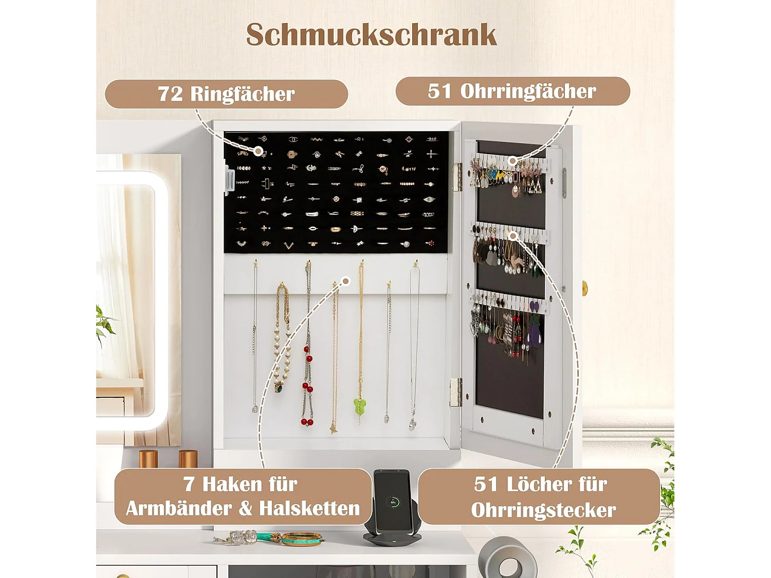 Make-uptafel met ledverlichting, kaptafel met laadstation, sieradenkast, kruk, spiegel, 3 laden, kast & haardrogerhouder, cosmeticatafel, witTG32075