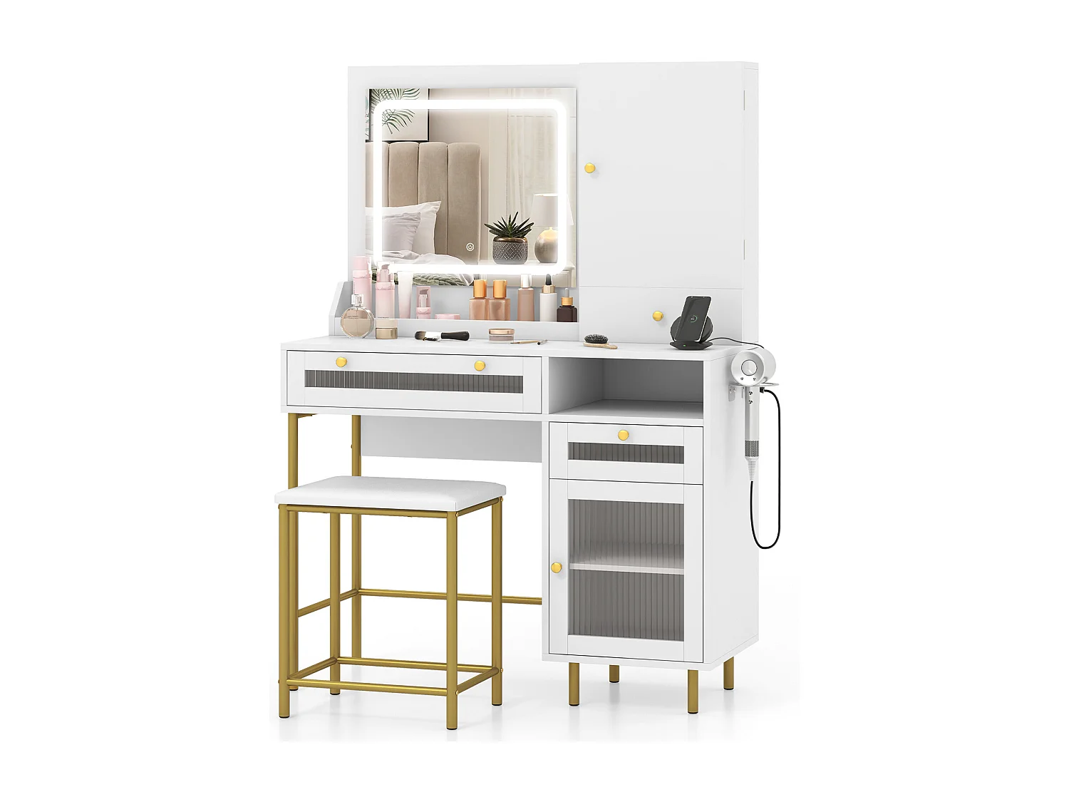 Make-uptafel met ledverlichting, kaptafel met laadstation, sieradenkast, kruk, spiegel, 3 laden, kast & haardrogerhouder, cosmeticatafel, witTG32075