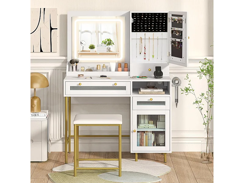 Make-uptafel met ledverlichting, kaptafel met laadstation, sieradenkast, kruk, spiegel, 3 laden, kast & haardrogerhouder, cosmeticatafel, witTG32075
