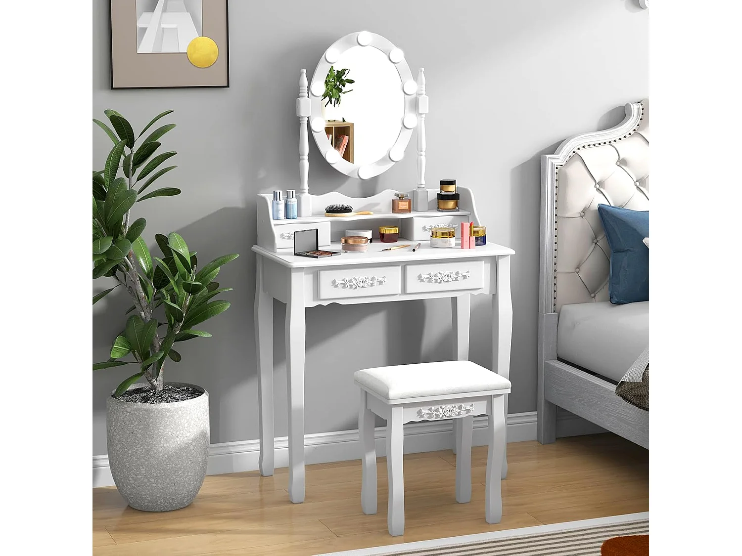 Make-uptafel met ledverlichting, instelbare helderheid, kaptafel met 4 laden, kruk en 360° draaibare spiegel, make-uptafel voor slaapkamer (wit)TG32765