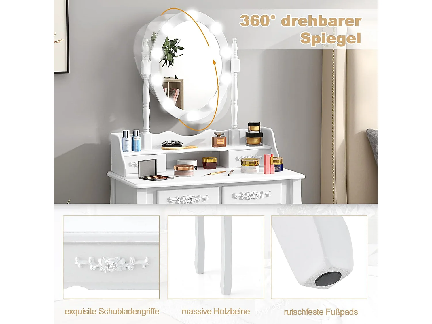 Make-uptafel met ledverlichting, instelbare helderheid, kaptafel met 4 laden, kruk en 360° draaibare spiegel, make-uptafel voor slaapkamer (wit)TG32765