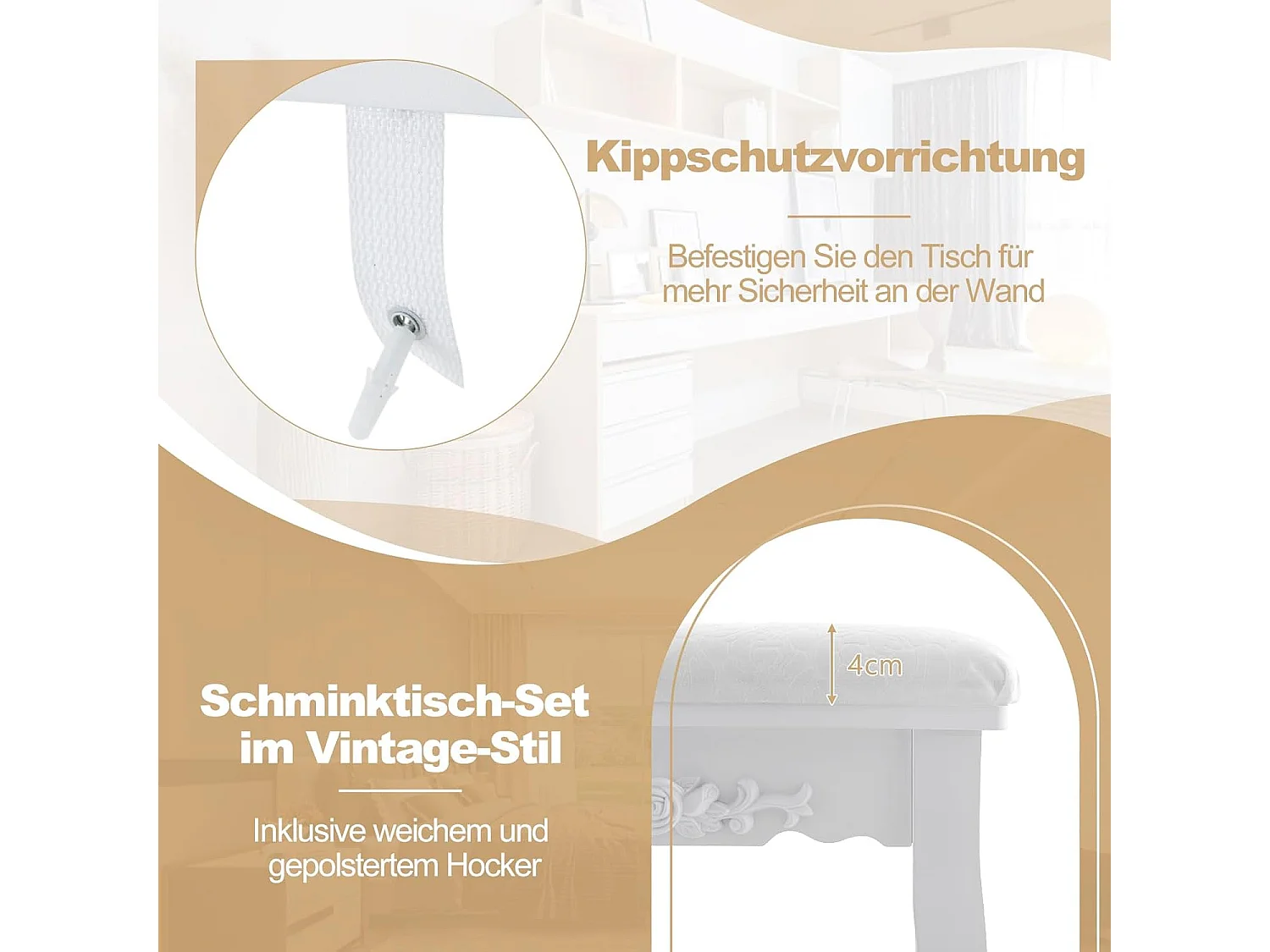 Make-uptafel met ledverlichting, instelbare helderheid, kaptafel met 4 laden, kruk en 360° draaibare spiegel, make-uptafel voor slaapkamer (wit)TG32765