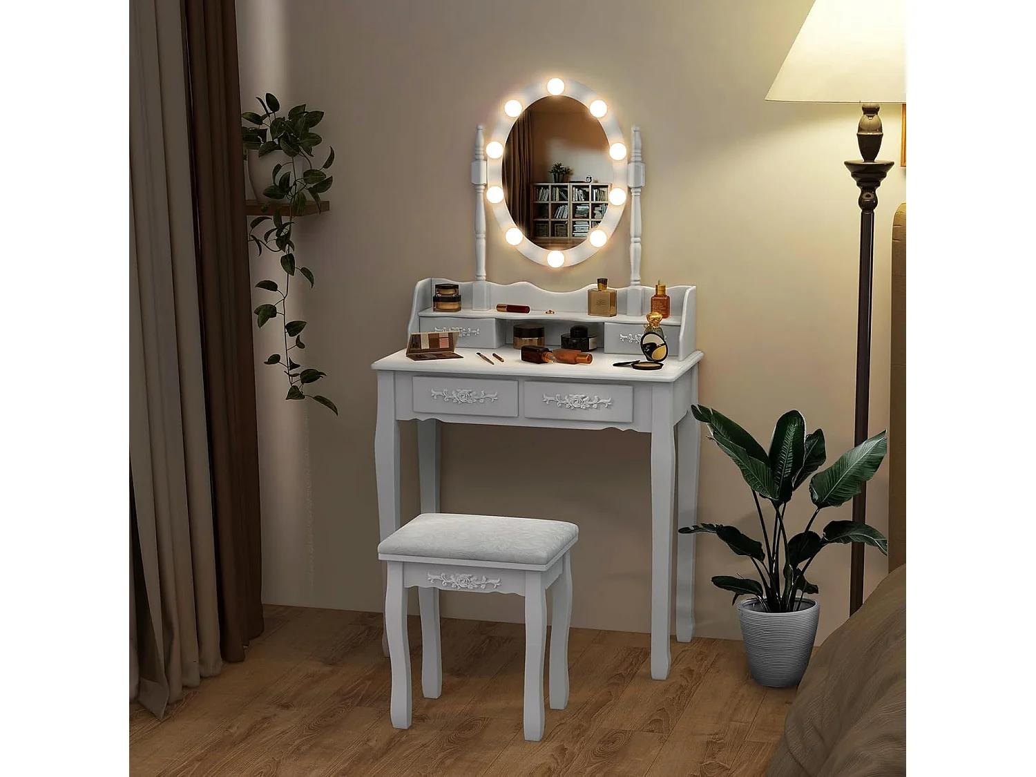 Make-uptafel met ledverlichting, instelbare helderheid, kaptafel met 4 laden, kruk en 360° draaibare spiegel, make-uptafel voor slaapkamer (wit)TG32765