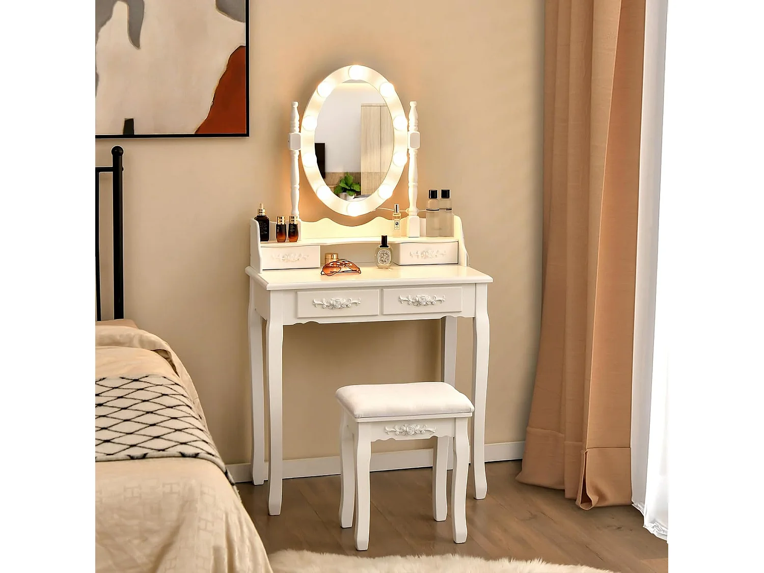 Make-uptafel met ledverlichting, instelbare helderheid, kaptafel met 4 laden, kruk en 360° draaibare spiegel, make-uptafel voor slaapkamer (wit)TG32765