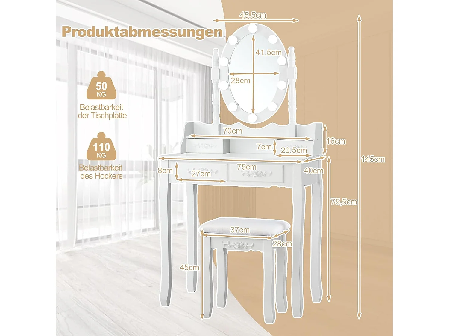 Make-uptafel met ledverlichting, instelbare helderheid, kaptafel met 4 laden, kruk en 360° draaibare spiegel, make-uptafel voor slaapkamer (wit)TG32765