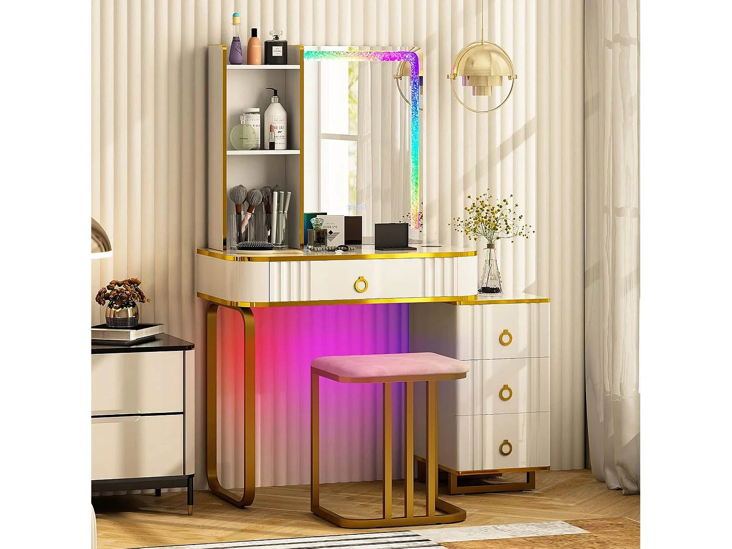Make-uptafel met ledverlichting, kaptafel met 7 dynamische en 7 statische dimbare ledlampen, draadloos laadstation,make-uptafel met kruk, witTG32839