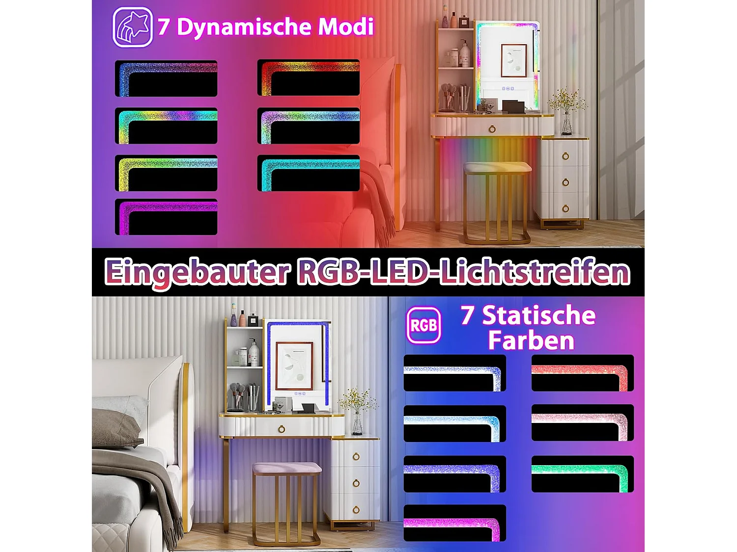 Make-uptafel met ledverlichting, kaptafel met 7 dynamische en 7 statische dimbare ledlampen, draadloos laadstation,make-uptafel met kruk, witTG32839