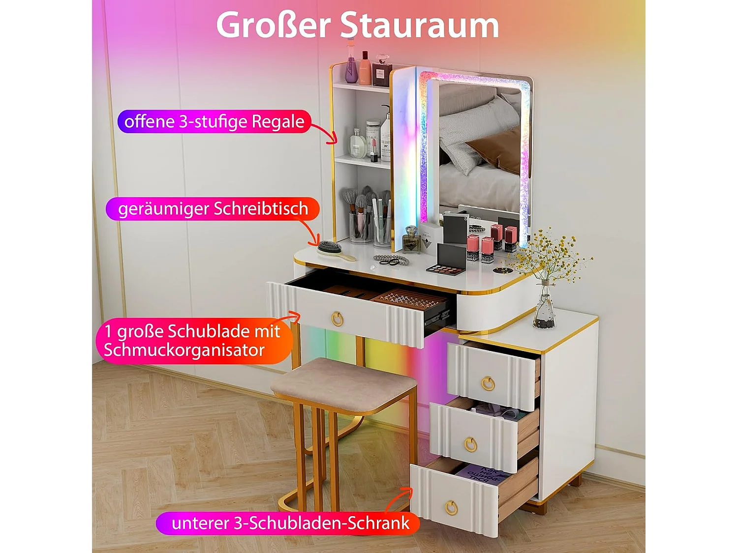 Make-uptafel met ledverlichting, kaptafel met 7 dynamische en 7 statische dimbare ledlampen, draadloos laadstation,make-uptafel met kruk, witTG32839