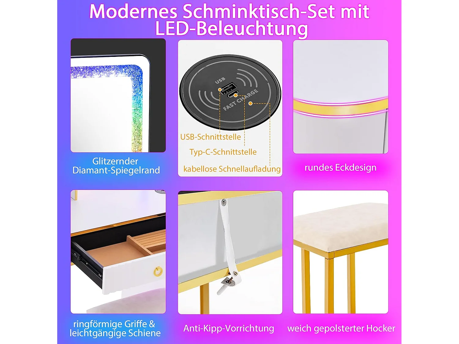 Make-uptafel met ledverlichting, kaptafel met 7 dynamische en 7 statische dimbare ledlampen, draadloos laadstation,make-uptafel met kruk, witTG32839