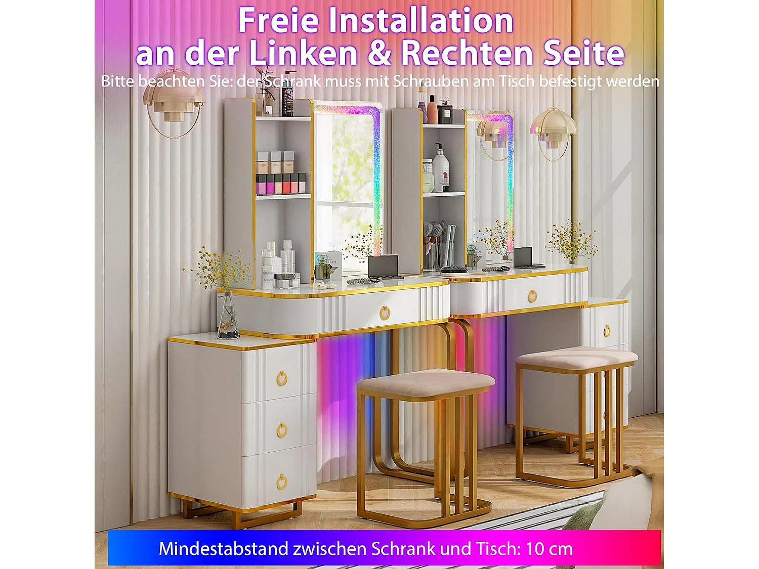 Make-uptafel met ledverlichting, kaptafel met 7 dynamische en 7 statische dimbare ledlampen, draadloos laadstation,make-uptafel met kruk, witTG32839