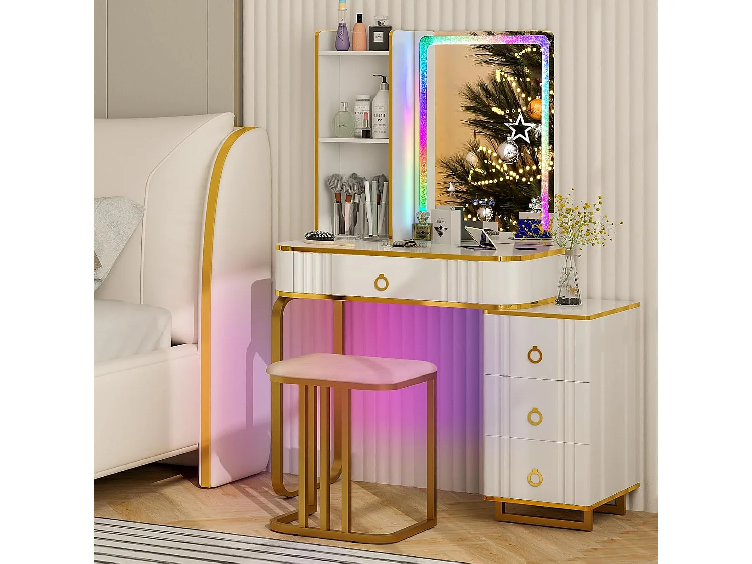 Make-uptafel met ledverlichting, kaptafel met 7 dynamische en 7 statische dimbare ledlampen, draadloos laadstation,make-uptafel met kruk, witTG32839