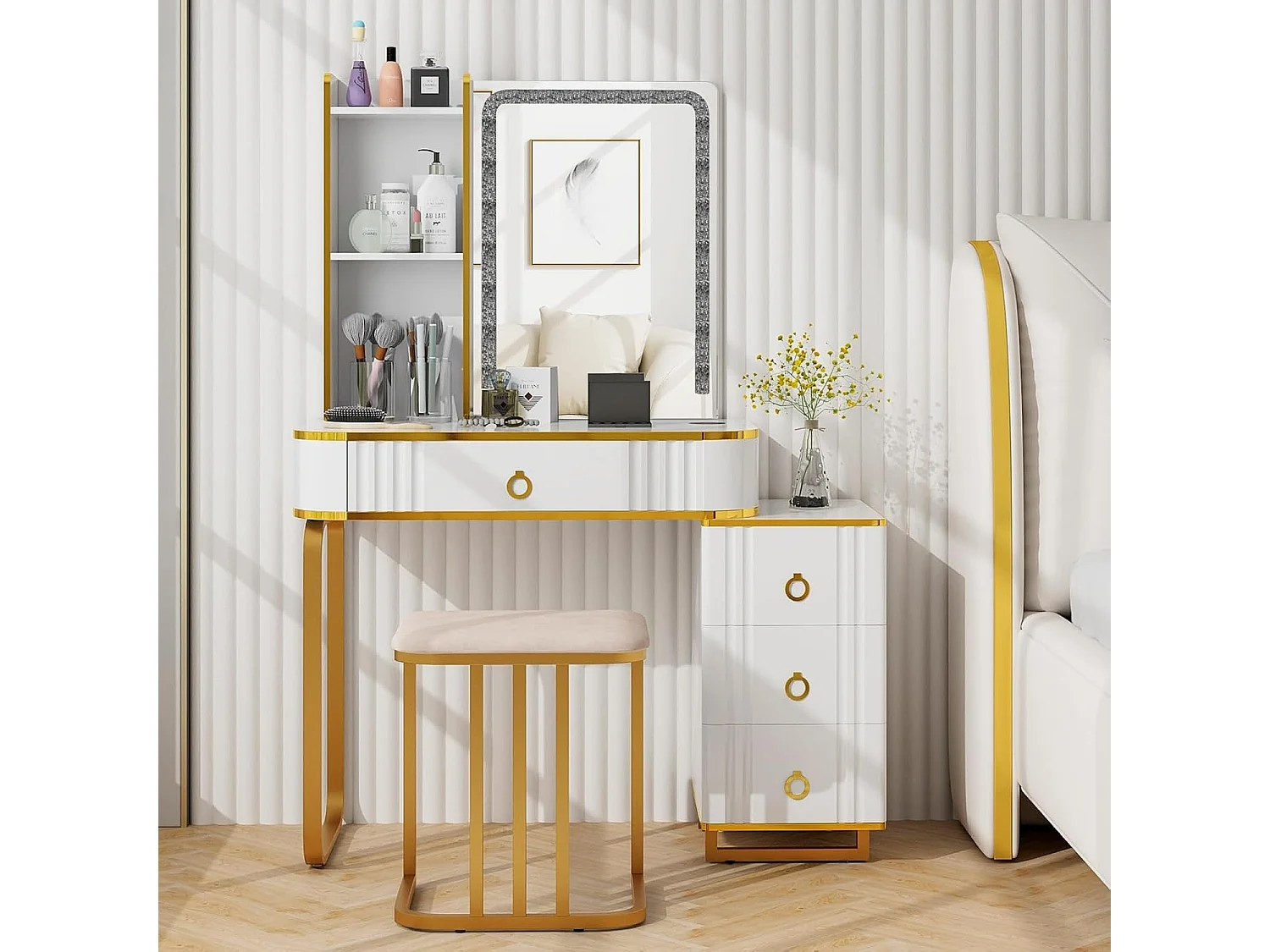 Make-uptafel met ledverlichting, kaptafel met 7 dynamische en 7 statische dimbare ledlampen, draadloos laadstation,make-uptafel met kruk, witTG32839
