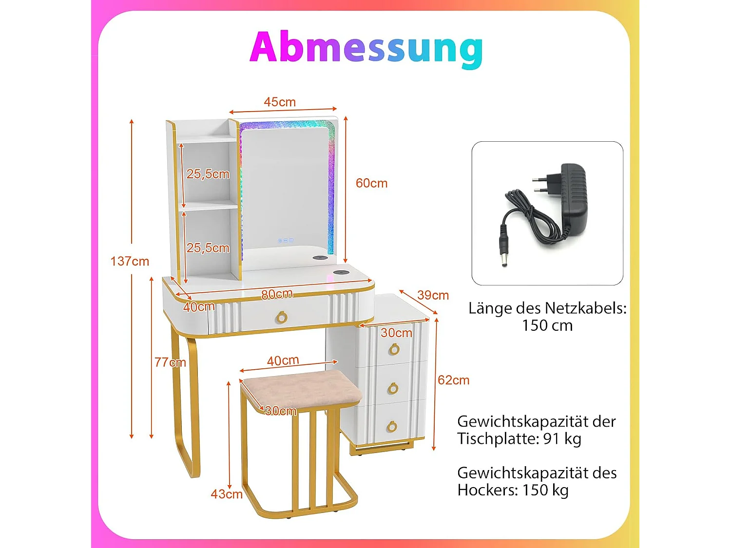 Make-uptafel met ledverlichting, kaptafel met 7 dynamische en 7 statische dimbare ledlampen, draadloos laadstation,make-uptafel met kruk, witTG32839