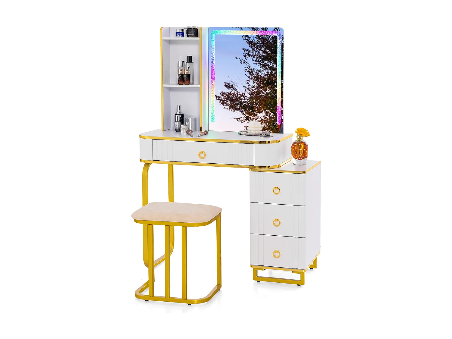 Make-uptafel met ledverlichting, kaptafel met 7 dynamische en 7 statische dimbare ledlampen, draadloos laadstation,make-uptafel met kruk, witTG32839