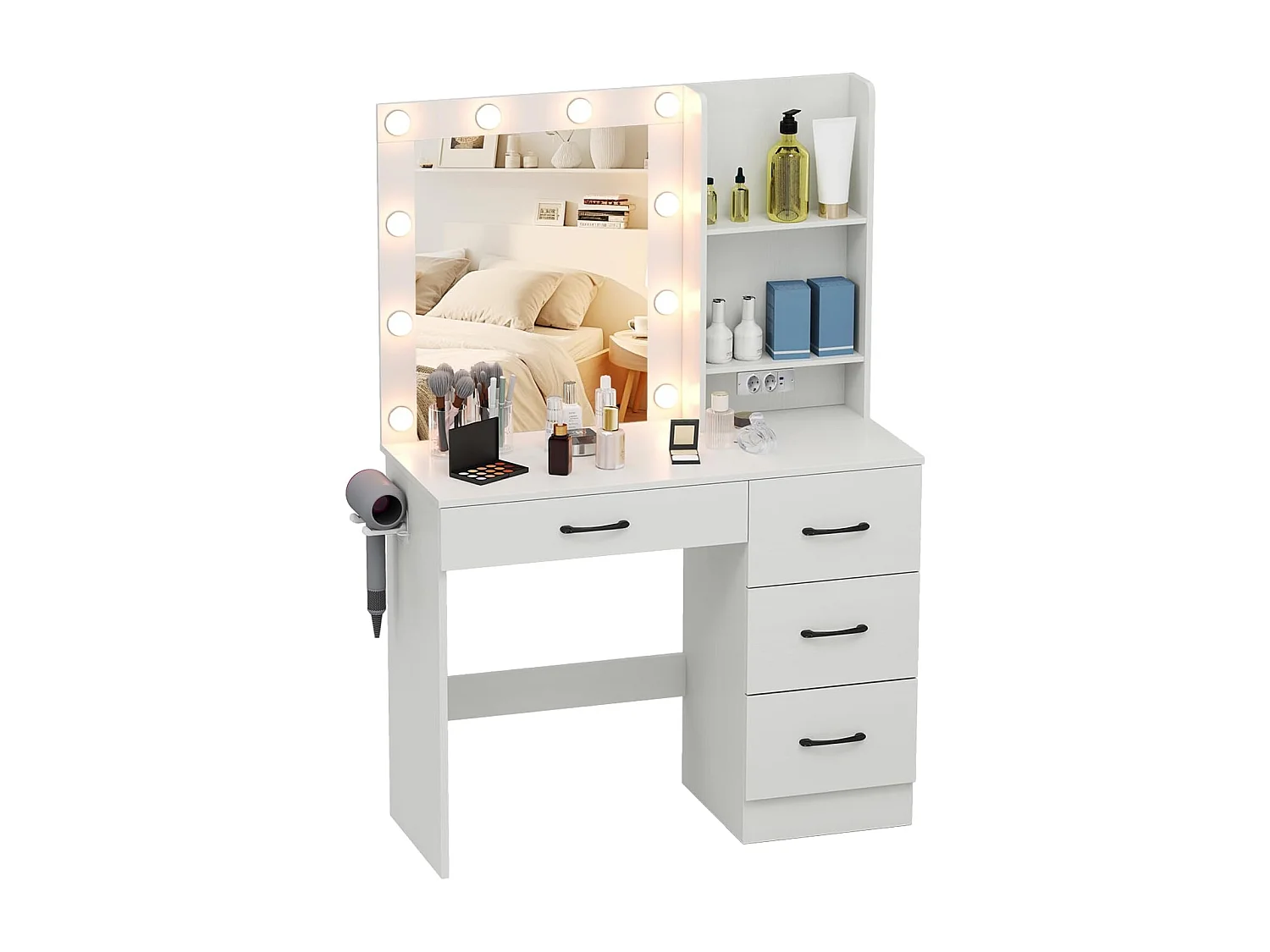 Make-uptafel met ledverlichting, 3 kleuren met instelbare helderheid, kaptafel met laadstation, spiegel,open planken en haardrogerhouder,cosmeticatafel,witTG32143
