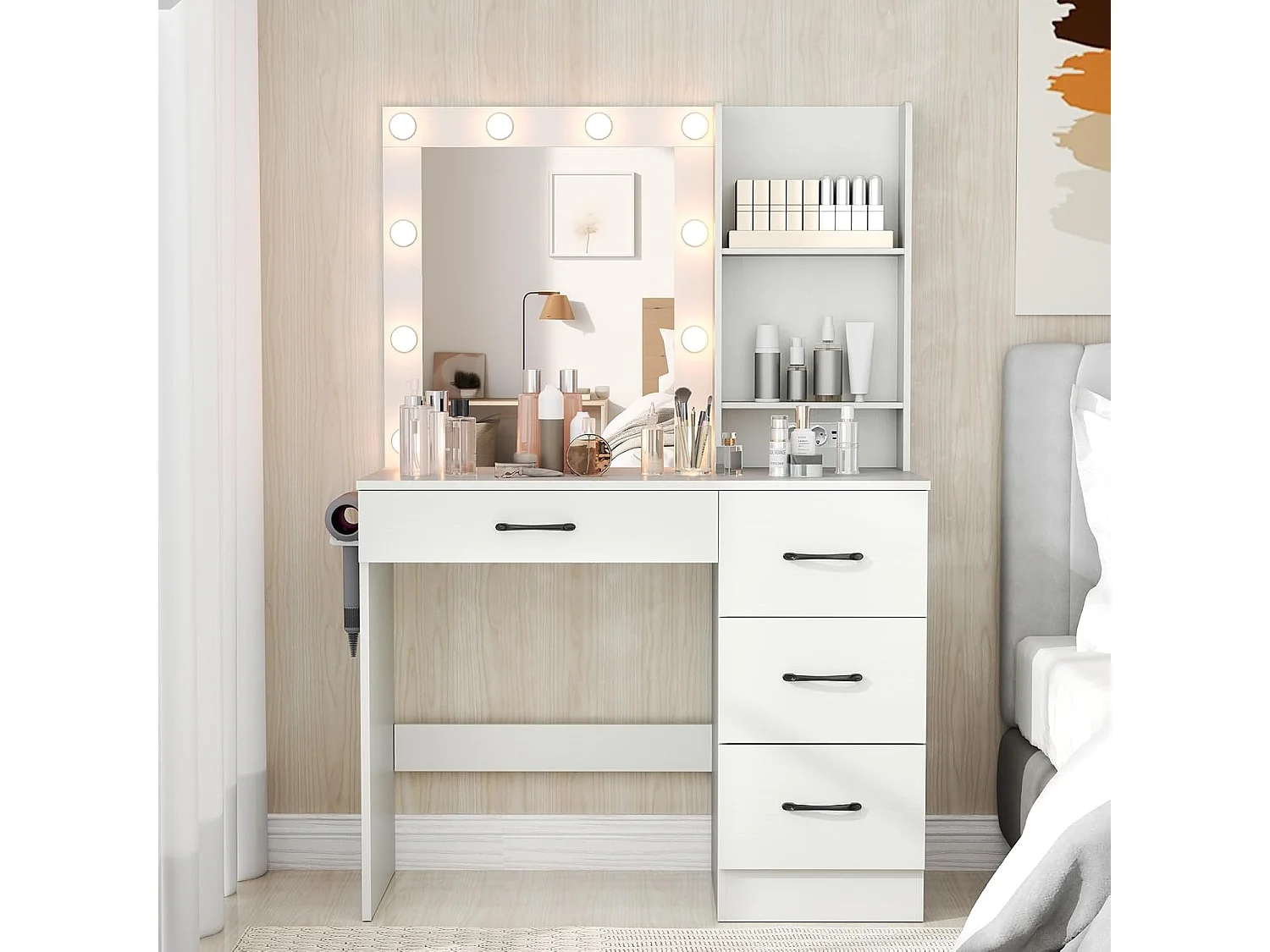 Make-uptafel met ledverlichting, 3 kleuren met instelbare helderheid, kaptafel met laadstation, spiegel,open planken en haardrogerhouder,cosmeticatafel,witTG32143