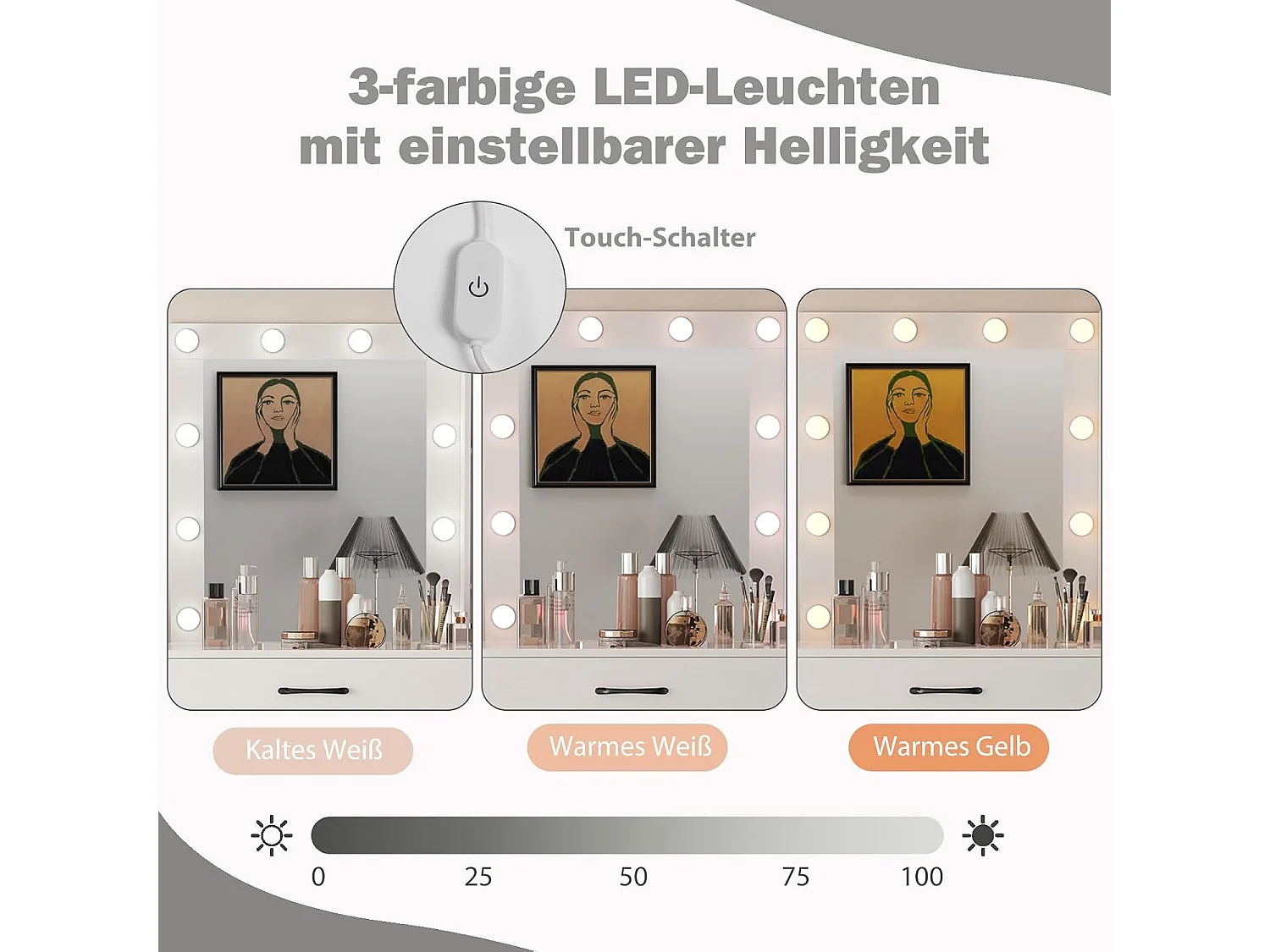 Make-uptafel met ledverlichting, 3 kleuren met instelbare helderheid, kaptafel met laadstation, spiegel,open planken en haardrogerhouder,cosmeticatafel,witTG32143