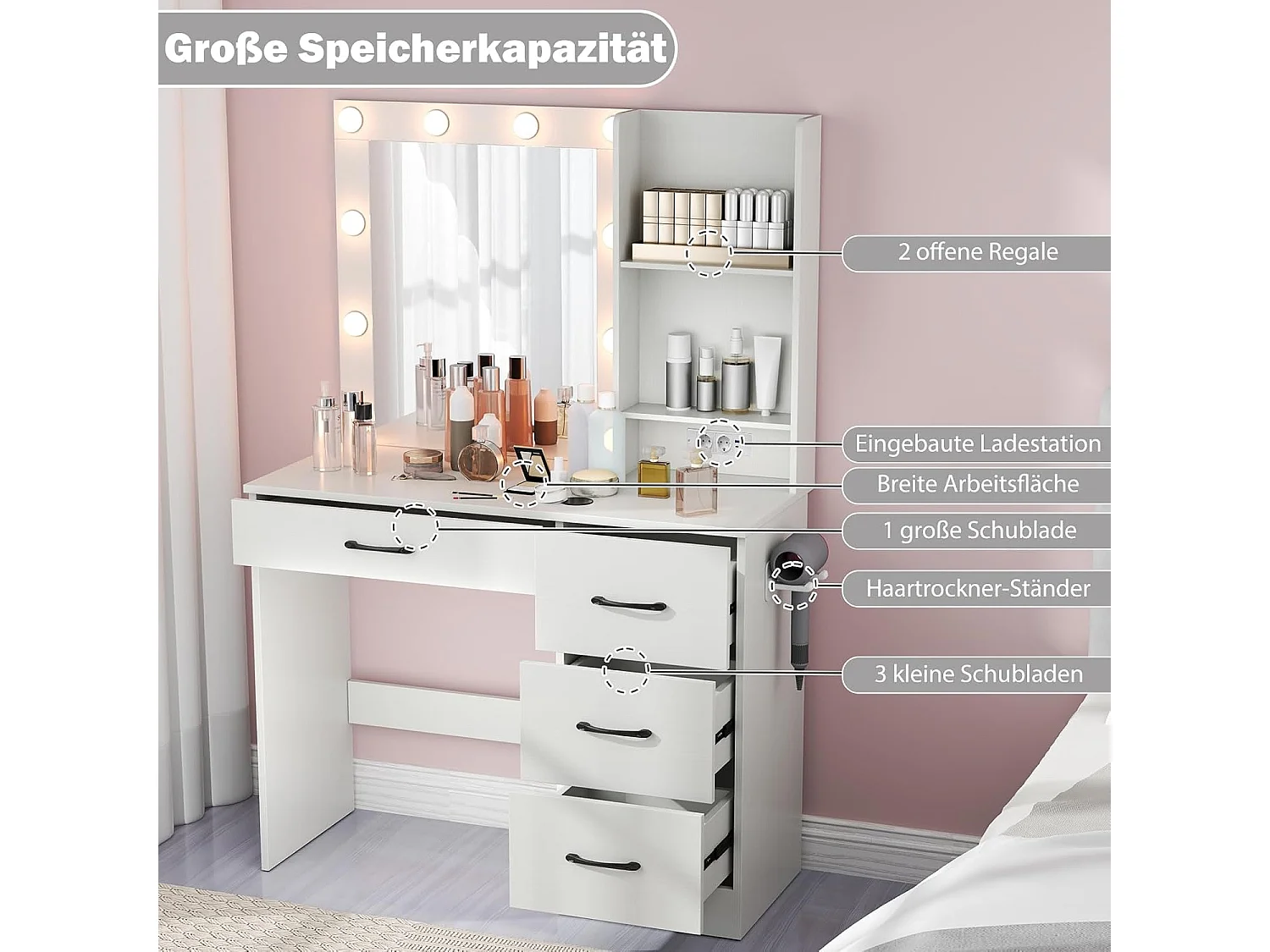 Make-uptafel met ledverlichting, 3 kleuren met instelbare helderheid, kaptafel met laadstation, spiegel,open planken en haardrogerhouder,cosmeticatafel,witTG32143
