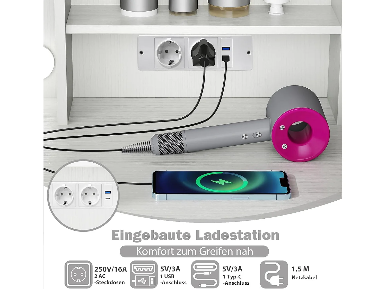 Make-uptafel met ledverlichting, 3 kleuren met instelbare helderheid, kaptafel met laadstation, spiegel,open planken en haardrogerhouder,cosmeticatafel,witTG32143