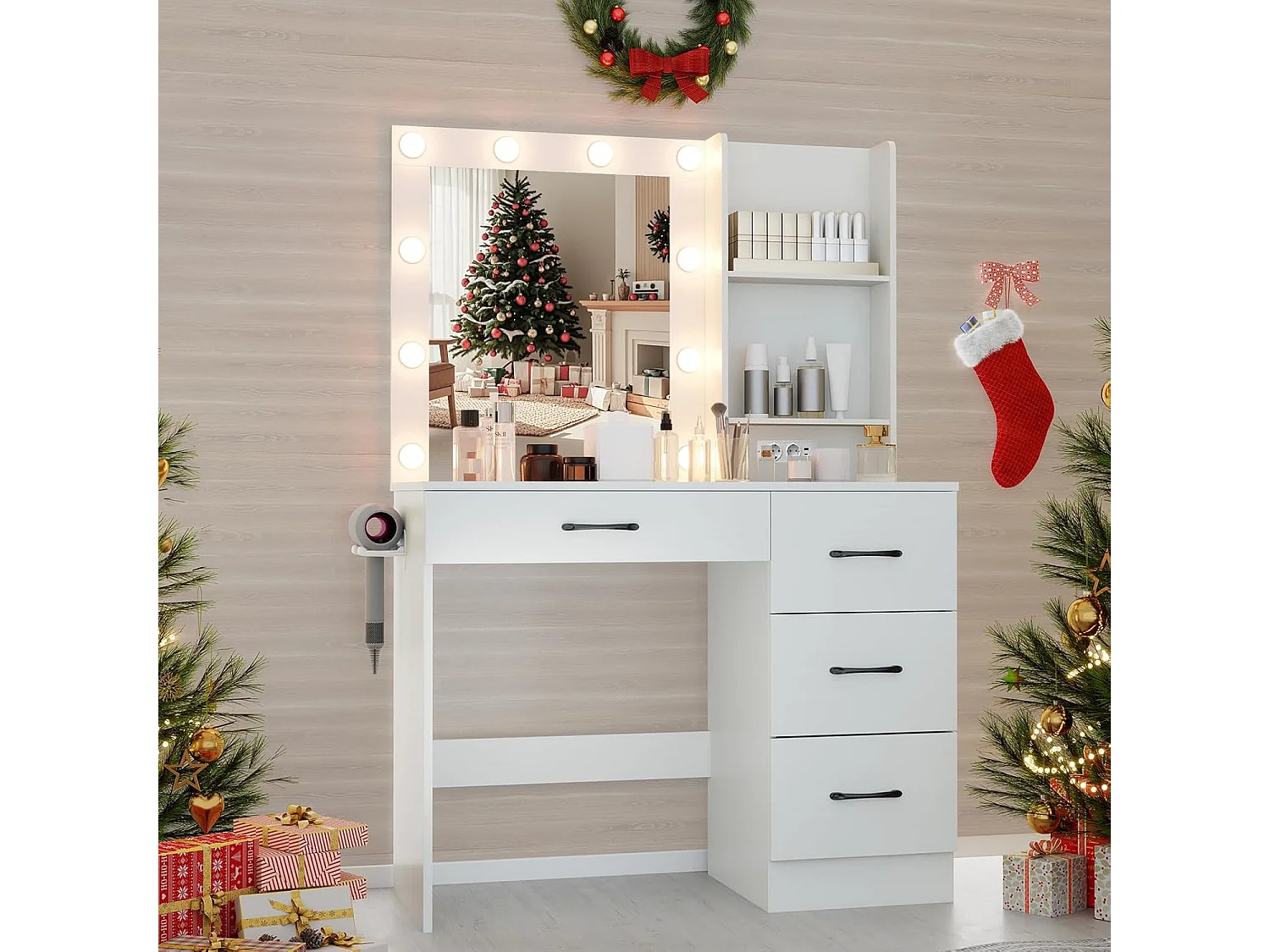 Make-uptafel met ledverlichting, 3 kleuren met instelbare helderheid, kaptafel met laadstation, spiegel,open planken en haardrogerhouder,cosmeticatafel,witTG32143
