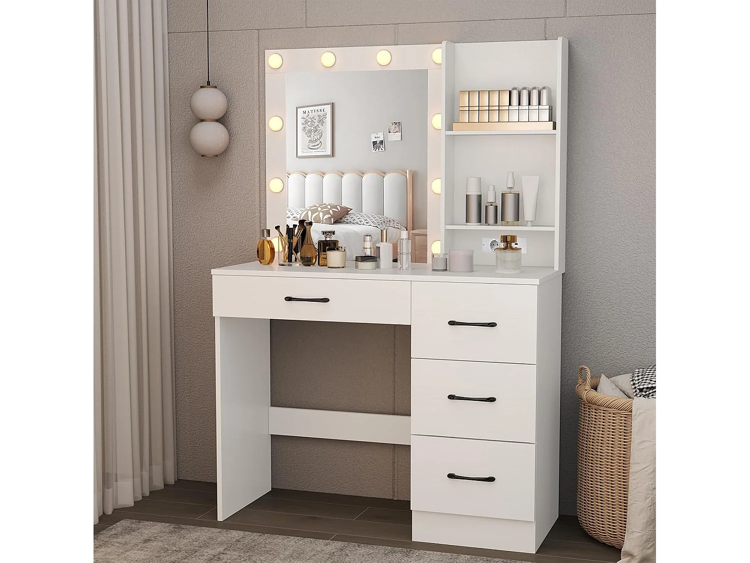 Make-uptafel met ledverlichting, 3 kleuren met instelbare helderheid, kaptafel met laadstation, spiegel,open planken en haardrogerhouder,cosmeticatafel,witTG32143